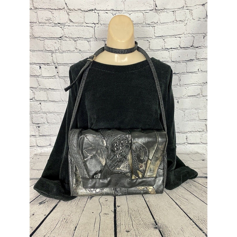 Vtg Nas Purse Metallic Faux Leather Animal Skin Patchwork 80s Black Gold Silver‎